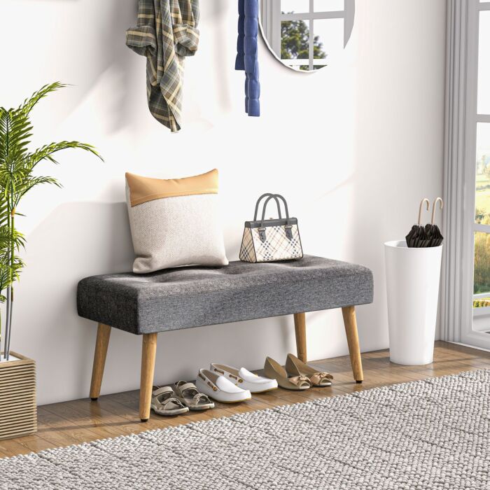 Homcom Multifunctional Bed End Bench Tufted Upholstered Shoe Bench Ottoman Footstool Linen Fabric Living Room Grey