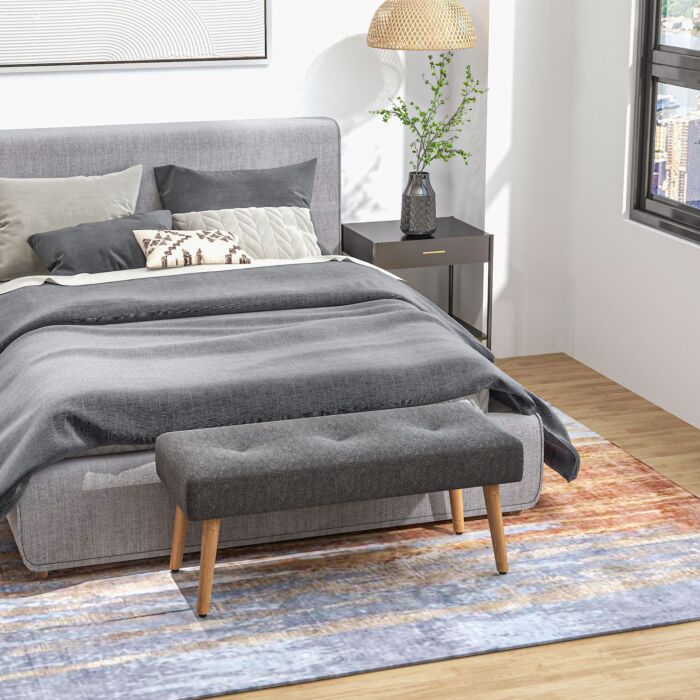 Homcom Multifunctional Bed End Bench Tufted Upholstered Shoe Bench Ottoman Footstool Linen Fabric Living Room Grey