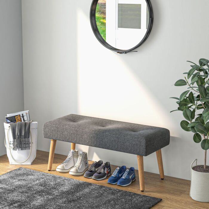 Homcom Multifunctional Bed End Bench Tufted Upholstered Shoe Bench Ottoman Footstool Linen Fabric Living Room Grey