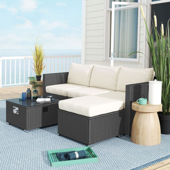 Outsunny Five Piece Rattan Garden Furniture Set With Gas Fire Pit Table And Footstool - Black And Cream White