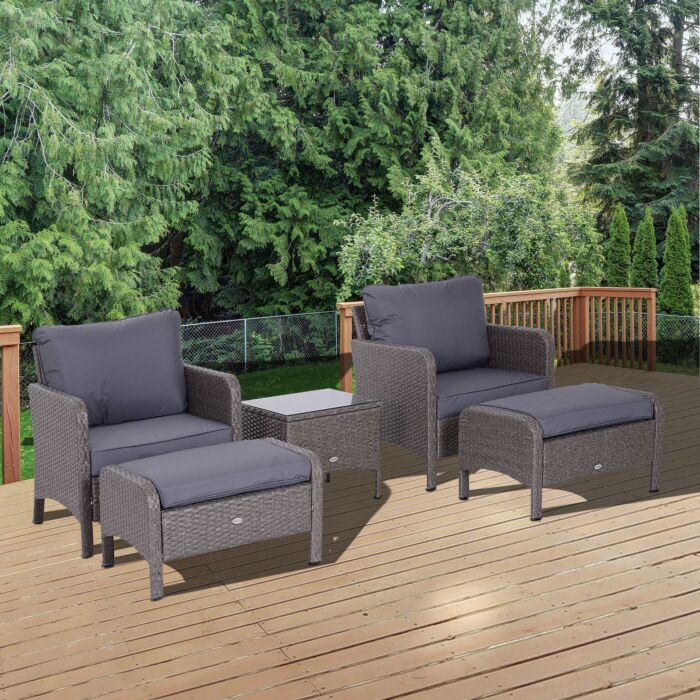 Outsunny 2 Seater Rattan Garden Furniture Set Wicker Weave Sofa Chair With Footstool And Coffee Table Thick Cushions Dark Grey