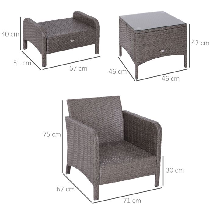 Outsunny 2 Seater Rattan Garden Furniture Set Wicker Weave Sofa Chair With Footstool And Coffee Table Thick Cushions Dark Grey
