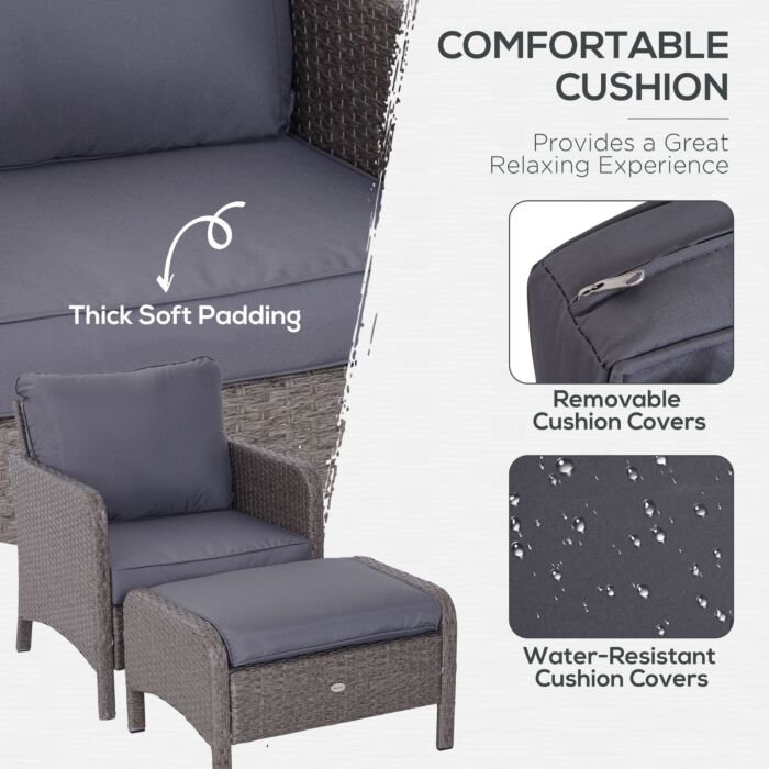 Outsunny 2 Seater Rattan Garden Furniture Set Wicker Weave Sofa Chair With Footstool And Coffee Table Thick Cushions Dark Grey