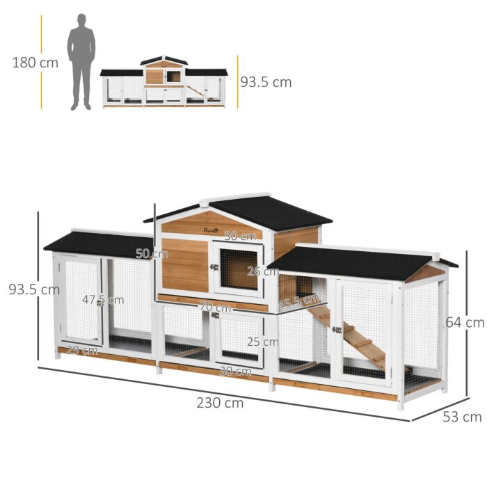 Pawhut 2 Tier Wooden Rabbit Hutch, Guinea Pig Cage, Bunny Run, Small Animal House With Double Side Run Boxes, Slide-out Tray, Ramp, 230 X 53 X 93.5cm