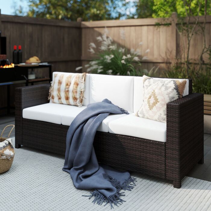 Outsunny Garden Rattan 3 Seater All-weather Wicker Weave Metal Frame Chair With Fire Resistant Cushion - Brown