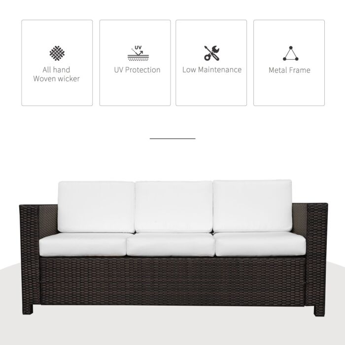 Outsunny Garden Rattan 3 Seater All-weather Wicker Weave Metal Frame Chair With Fire Resistant Cushion - Brown
