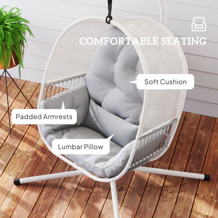 Outsunny Hanging Egg Chair Outdoor Indoor, Swing Hammock Chair With Stand, Cushions, Lumbar Pillow, Adjustable Height And Steel Frame For Garden Patio Lounge Porch, Light Grey