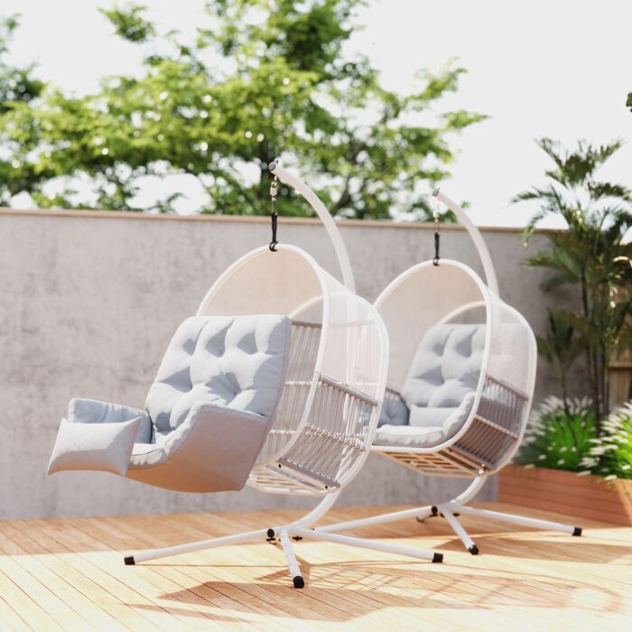 Outsunny Hanging Egg Chair Outdoor Indoor, Swing Hammock Chair With Stand, Cushions, Lumbar Pillow, Adjustable Height And Steel Frame For Garden Patio Lounge Porch, Light Grey