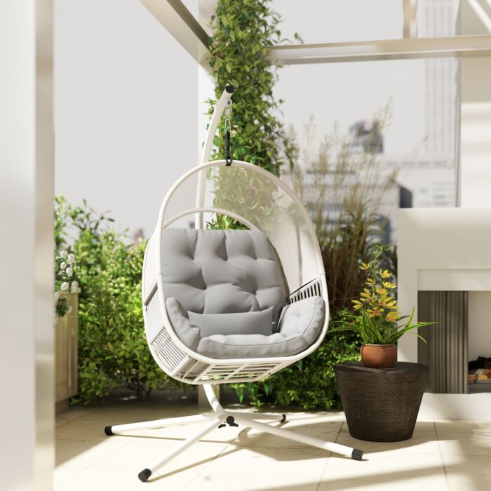 Outsunny Hanging Egg Chair Outdoor Indoor, Swing Hammock Chair With Stand, Cushions, Lumbar Pillow, Adjustable Height And Steel Frame For Garden Patio Lounge Porch, Light Grey