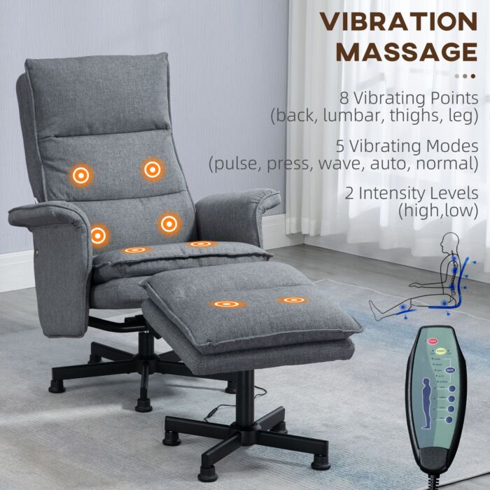 Homcom Swivel Recliner Chair And Footstool, Upholstered Massage Recliner Armchair With Remote Control, Timer And Steel Base, Grey