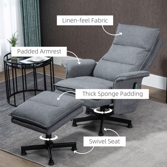 Homcom Swivel Recliner Chair And Footstool, Upholstered Massage Recliner Armchair With Remote Control, Timer And Steel Base, Grey