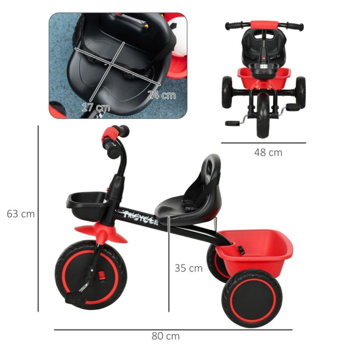 Aiyaplay Kids Trike For 2-5 Years With Adjustable Seat, Pedal, Baskets, Red