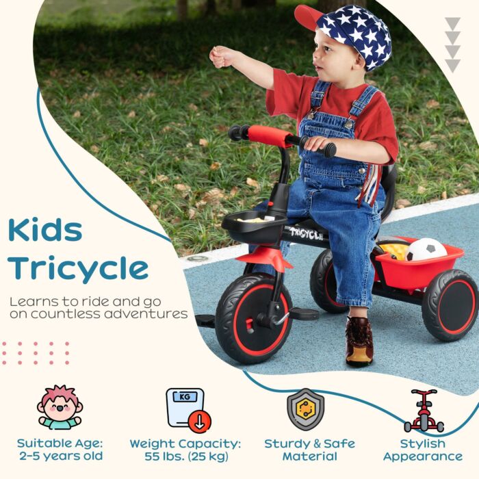 Aiyaplay Kids Trike For 2-5 Years With Adjustable Seat, Pedal, Baskets, Red