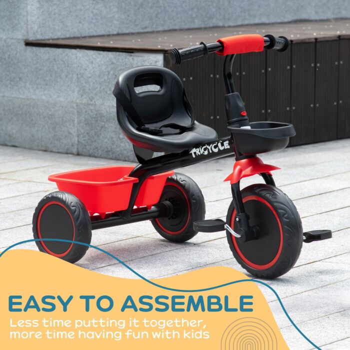 Aiyaplay Kids Trike For 2-5 Years With Adjustable Seat, Pedal, Baskets, Red