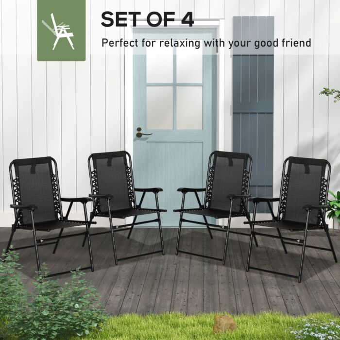 Outsunny 4 Pcs Patio Folding Chair Set, Outdoor Portable Loungers For Camping Pool Beach Deck, Lawn W/ Armrest Steel Frame Black