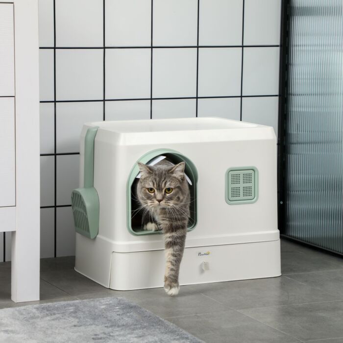 Pawhut Cat Litter Box With Drawer Pan, Hooded Cat Litter Tray With Scoop, Deodorants, Front Entrance, 50 X 40 X 40 Cm, White