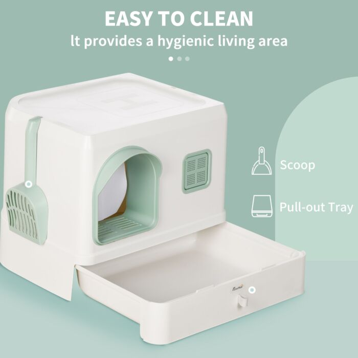 Pawhut Cat Litter Box With Drawer Pan, Hooded Cat Litter Tray With Scoop, Deodorants, Front Entrance, 50 X 40 X 40 Cm, White