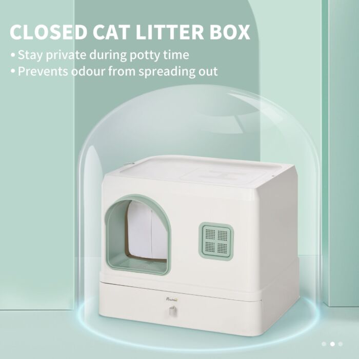 Pawhut Cat Litter Box With Drawer Pan, Hooded Cat Litter Tray With Scoop, Deodorants, Front Entrance, 50 X 40 X 40 Cm, White