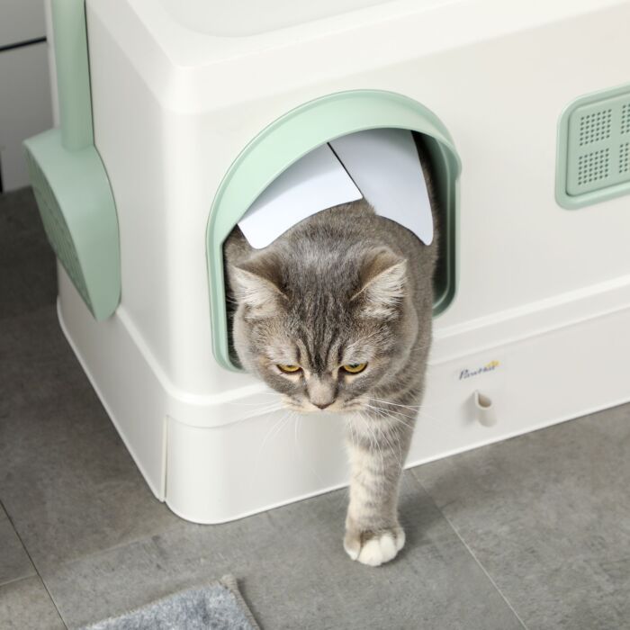 Pawhut Cat Litter Box With Drawer Pan, Hooded Cat Litter Tray With Scoop, Deodorants, Front Entrance, 50 X 40 X 40 Cm, White