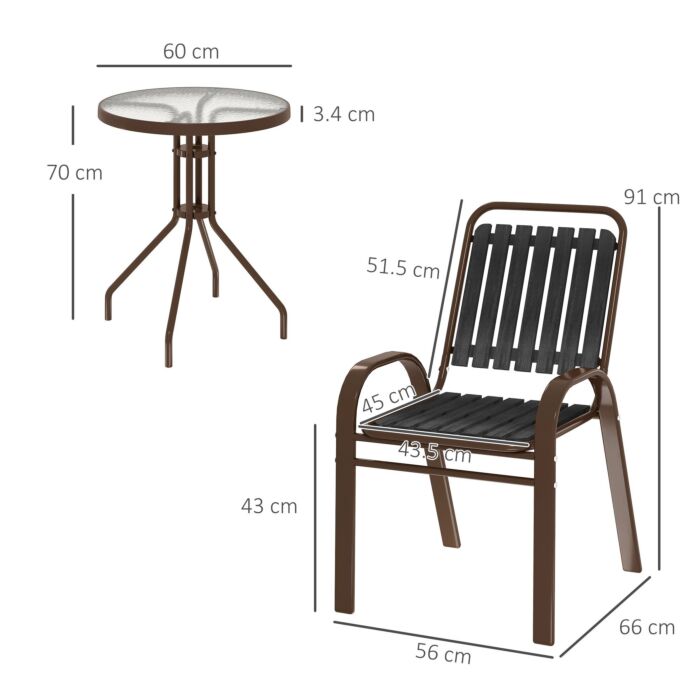 Outsunny 3 Pieces Patio Bistro Set With Stackable Chairs, Tempered Glass Table, For Outdoor, Balcony, Patio, Garden Charcoal Grey