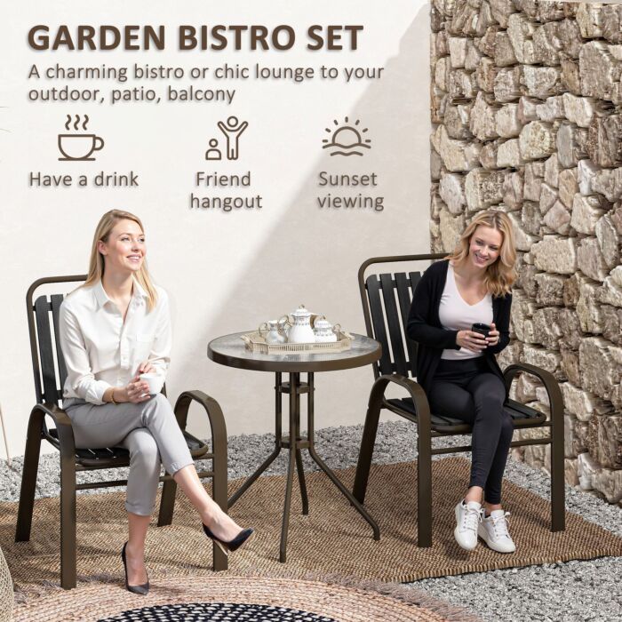 Outsunny 3 Pieces Patio Bistro Set With Stackable Chairs, Tempered Glass Table, For Outdoor, Balcony, Patio, Garden Charcoal Grey