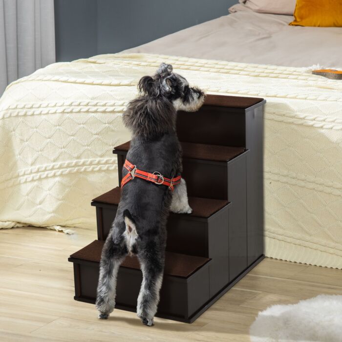 Pawhut 4 Step Cushioned Pet Stairs Ramp Steps For Dogs, Cat Ladder For Bed Couch With Non-slip Carpet, 40 X 59 X 54.2 Cm, Dark Coffee