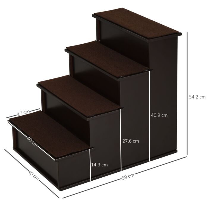 Pawhut 4 Step Cushioned Pet Stairs Ramp Steps For Dogs, Cat Ladder For Bed Couch With Non-slip Carpet, 40 X 59 X 54.2 Cm, Dark Coffee