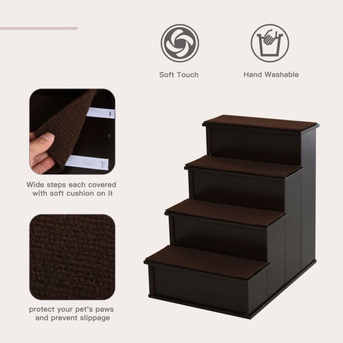 Pawhut 4 Step Cushioned Pet Stairs Ramp Steps For Dogs, Cat Ladder For Bed Couch With Non-slip Carpet, 40 X 59 X 54.2 Cm, Dark Coffee