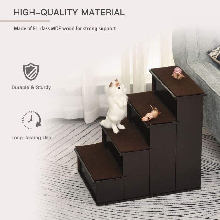 Pawhut 4 Step Cushioned Pet Stairs Ramp Steps For Dogs, Cat Ladder For Bed Couch With Non-slip Carpet, 40 X 59 X 54.2 Cm, Dark Coffee