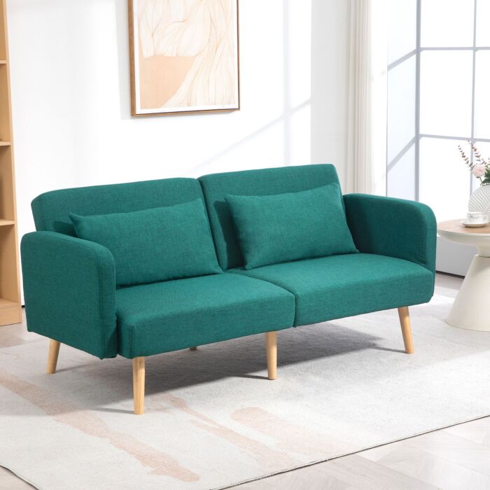 Homcom 2/3 Seater Sofa Bed, Convertible Bed Settee, Fabric Sofa Couch With 2 Cushions, Guest Room, Green