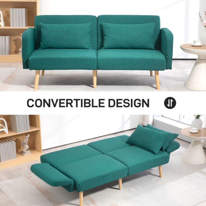 Homcom 2/3 Seater Sofa Bed, Convertible Bed Settee, Fabric Sofa Couch With 2 Cushions, Guest Room, Green