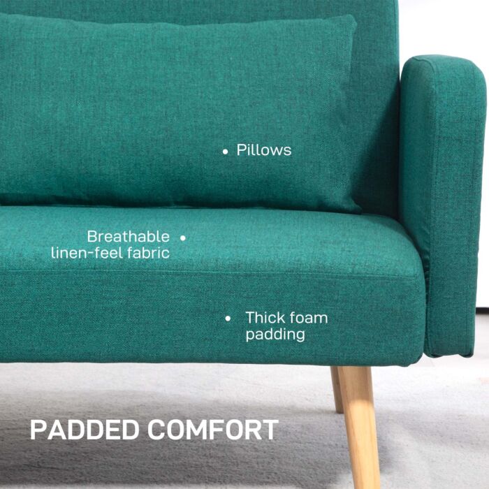 Homcom 2/3 Seater Sofa Bed, Convertible Bed Settee, Fabric Sofa Couch With 2 Cushions, Guest Room, Green