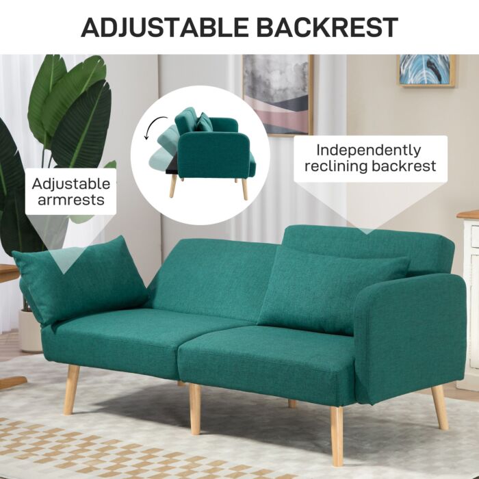 Homcom 2/3 Seater Sofa Bed, Convertible Bed Settee, Fabric Sofa Couch With 2 Cushions, Guest Room, Green