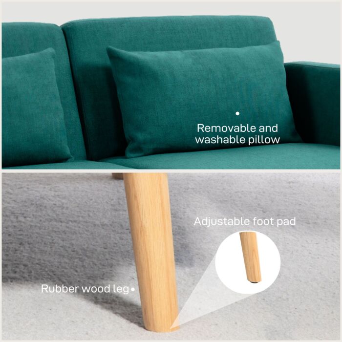 Homcom 2/3 Seater Sofa Bed, Convertible Bed Settee, Fabric Sofa Couch With 2 Cushions, Guest Room, Green