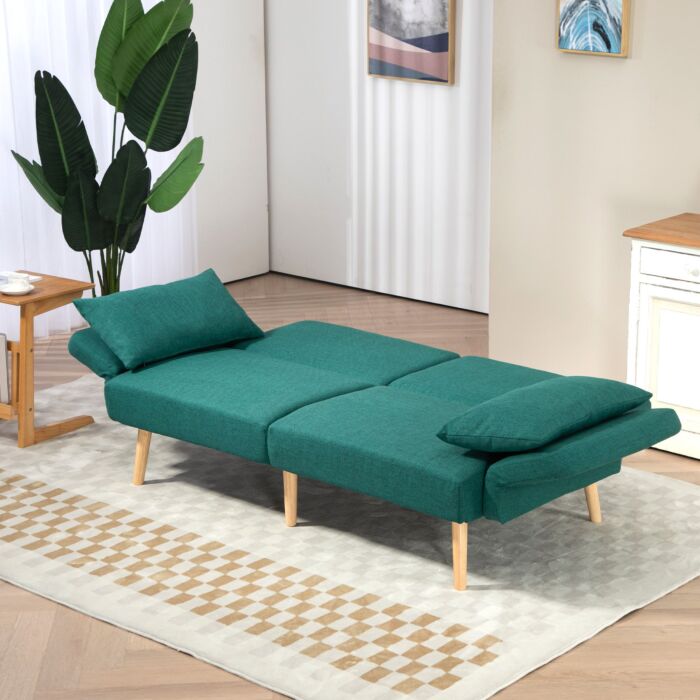 Homcom 2/3 Seater Sofa Bed, Convertible Bed Settee, Fabric Sofa Couch With 2 Cushions, Guest Room, Green