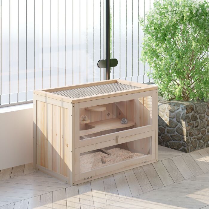 Pawhut Wooden Hamster Cage Small Animal House Pets At Home, 60 X 35 X 42 Cm