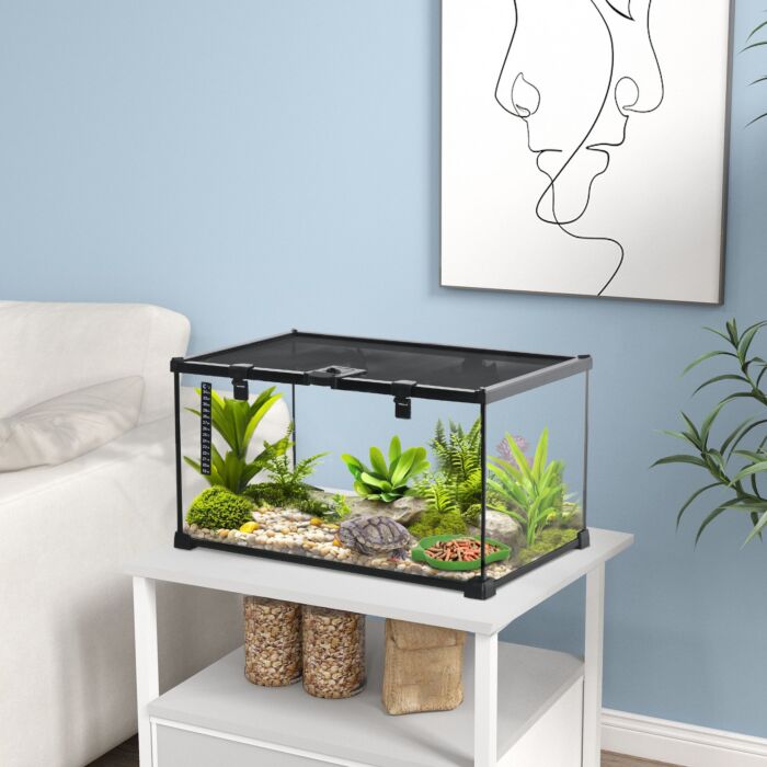Pawhut 50 X 30 X 25 Cm Reptile Glass Terrarium, Reptile Breeding Tank, Climbing Pet Glass Containers, Arboreal Box, With Strip Patch Thermometer-black