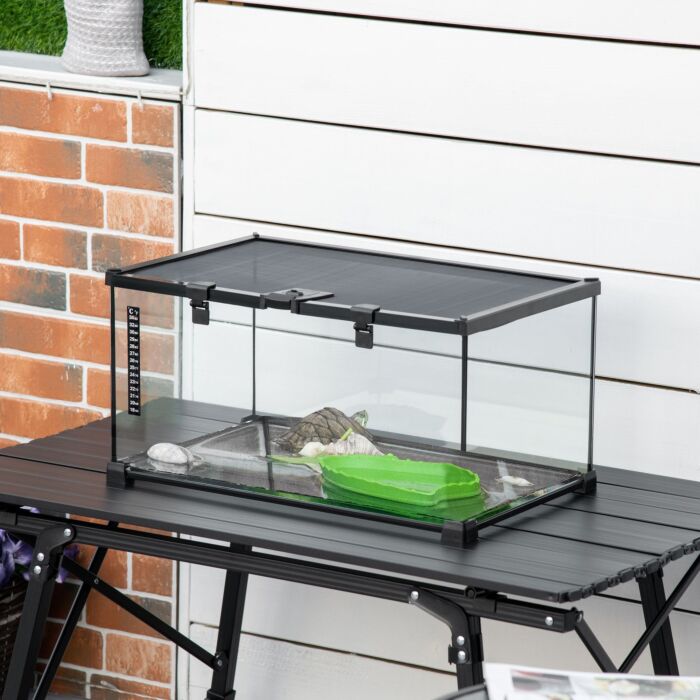 Pawhut 50 X 30 X 25 Cm Reptile Glass Terrarium, Reptile Breeding Tank, Climbing Pet Glass Containers, Arboreal Box, With Strip Patch Thermometer-black
