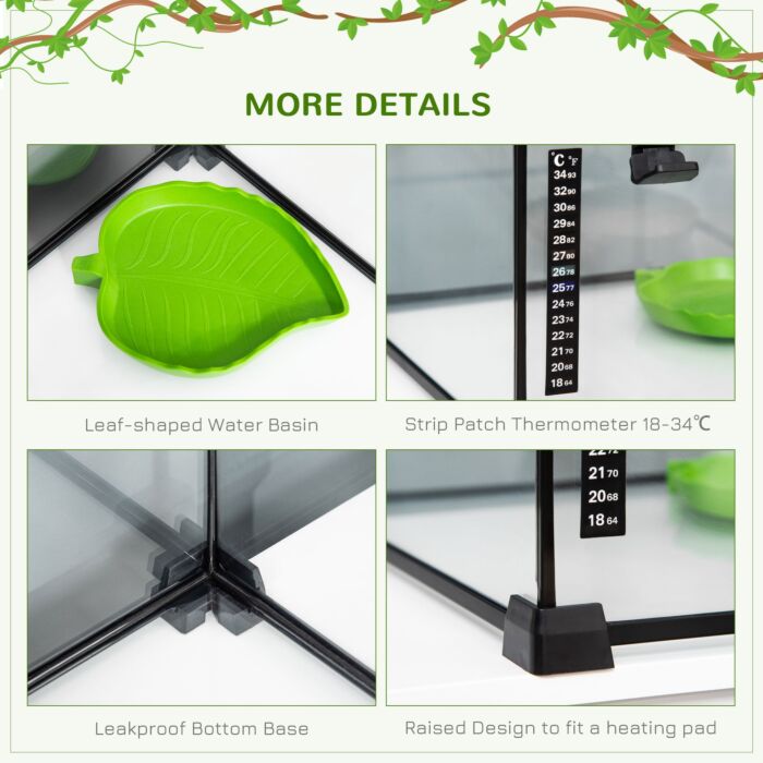 Pawhut 50 X 30 X 25 Cm Reptile Glass Terrarium, Reptile Breeding Tank, Climbing Pet Glass Containers, Arboreal Box, With Strip Patch Thermometer-black