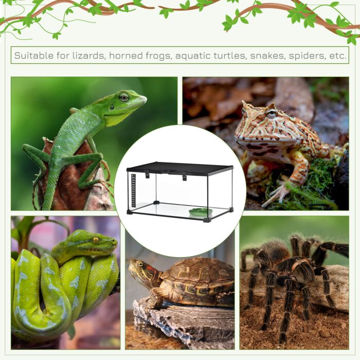 Pawhut 50 X 30 X 25 Cm Reptile Glass Terrarium, Reptile Breeding Tank, Climbing Pet Glass Containers, Arboreal Box, With Strip Patch Thermometer-black