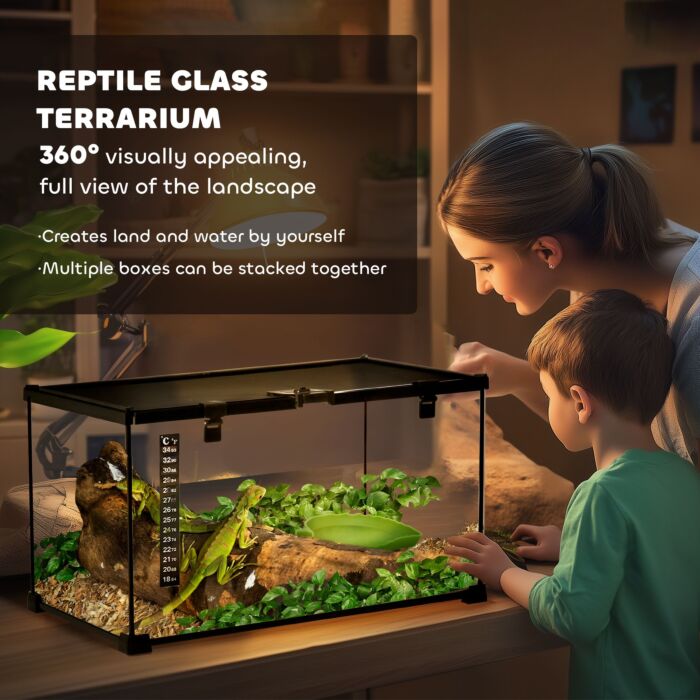 Pawhut 50 X 30 X 25 Cm Reptile Glass Terrarium, Reptile Breeding Tank, Climbing Pet Glass Containers, Arboreal Box, With Strip Patch Thermometer-black