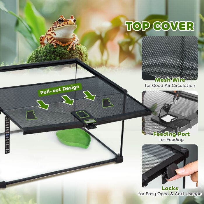 Pawhut 50 X 30 X 25 Cm Reptile Glass Terrarium, Reptile Breeding Tank, Climbing Pet Glass Containers, Arboreal Box, With Strip Patch Thermometer-black