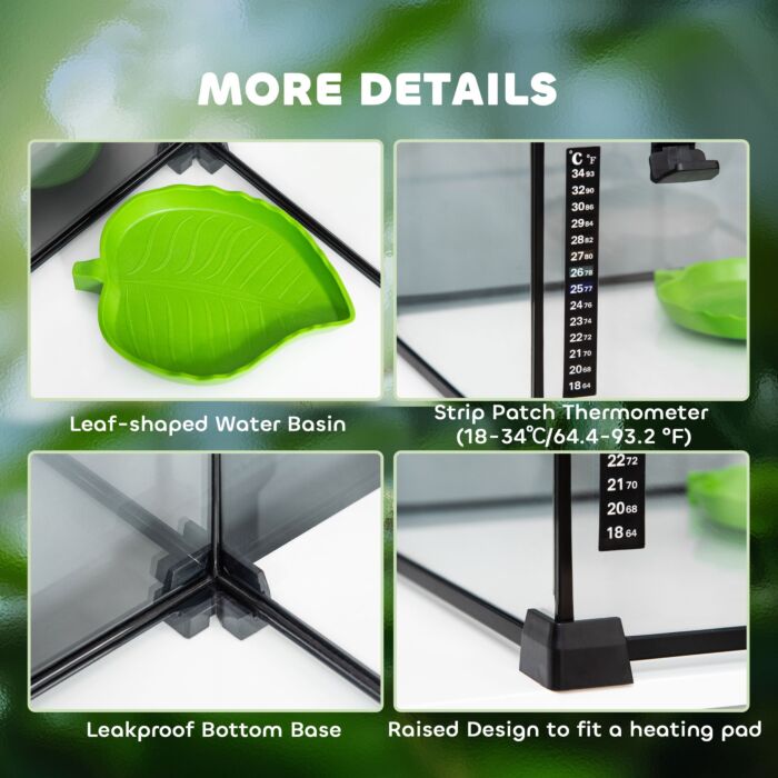 Pawhut 50 X 30 X 25 Cm Reptile Glass Terrarium, Reptile Breeding Tank, Climbing Pet Glass Containers, Arboreal Box, With Strip Patch Thermometer-black