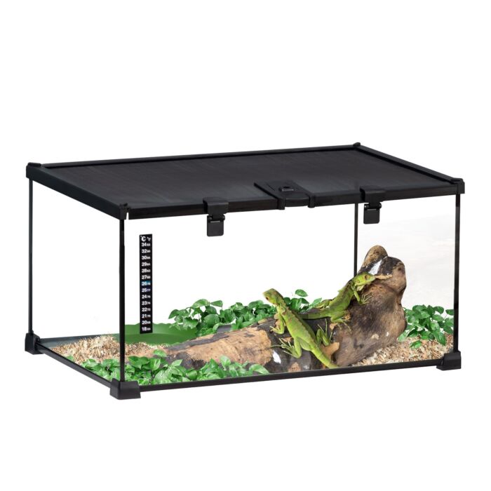 Pawhut 50 X 30 X 25 Cm Reptile Glass Terrarium, Reptile Breeding Tank, Climbing Pet Glass Containers, Arboreal Box, With Strip Patch Thermometer-black