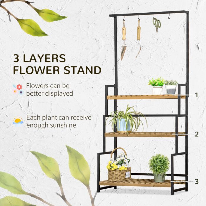 Outsunny 3 Tiered Plant Stand With Hanging Hooks, Flower Rack Shelf For Porch Balcony
