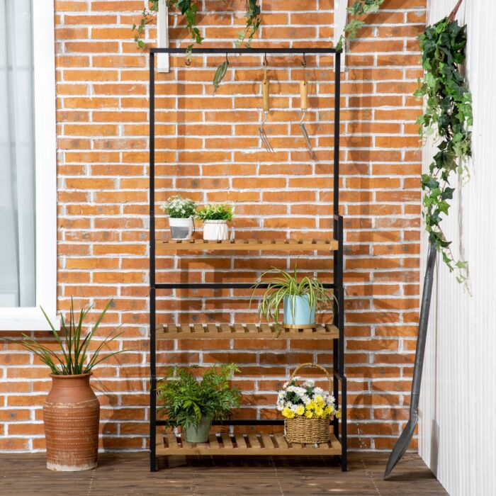 Outsunny 3 Tiered Plant Stand With Hanging Hooks, Flower Rack Shelf For Porch Balcony