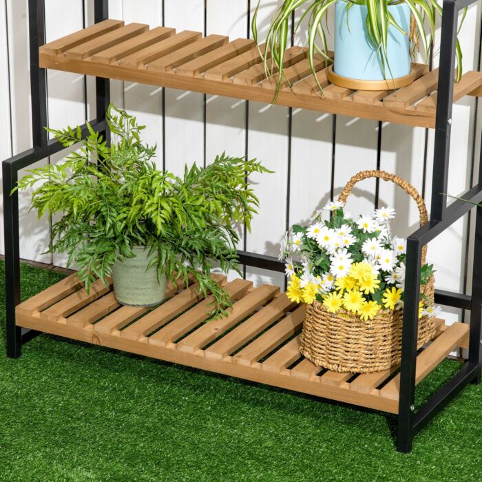 Outsunny 3 Tiered Plant Stand With Hanging Hooks, Flower Rack Shelf For Porch Balcony