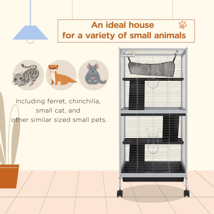 Pawhut Small Animal Cage Pet Play House With Wheels Platforms Light Grey