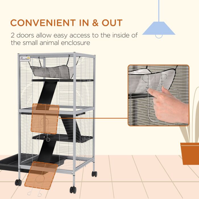 Pawhut Small Animal Cage Pet Play House With Wheels Platforms Light Grey