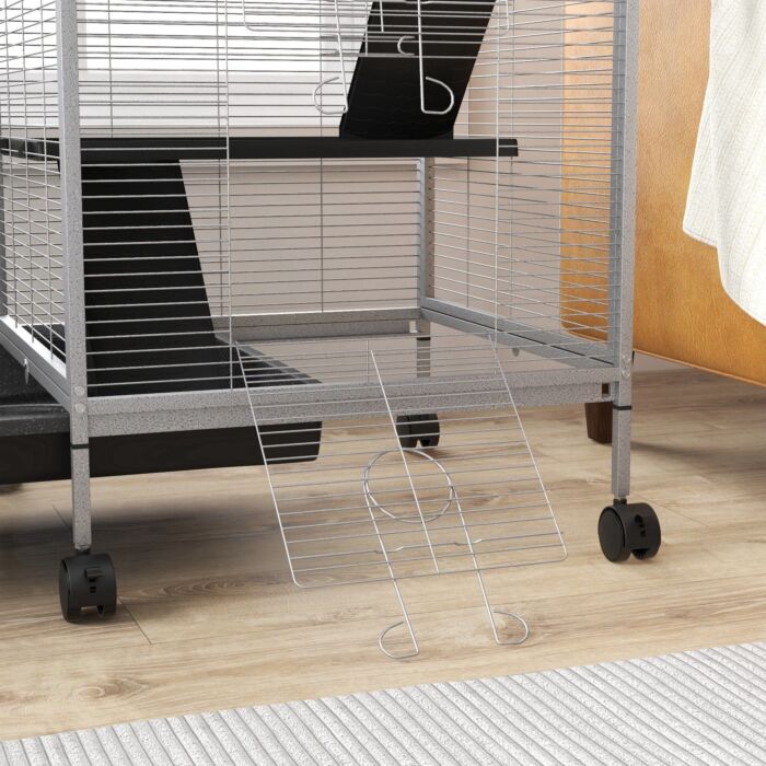Pawhut Small Animal Cage Pet Play House With Wheels Platforms Light Grey